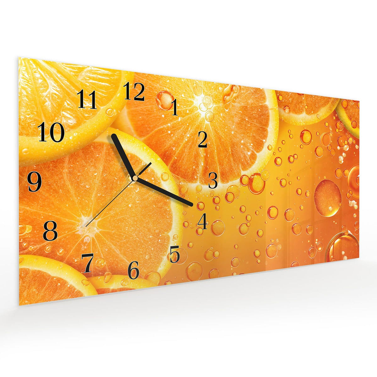 Vormontiert – mit Schwebeeffekt – Wanduhr Erfrischende Orange aus Glas – Querformat 60 × 30 cm