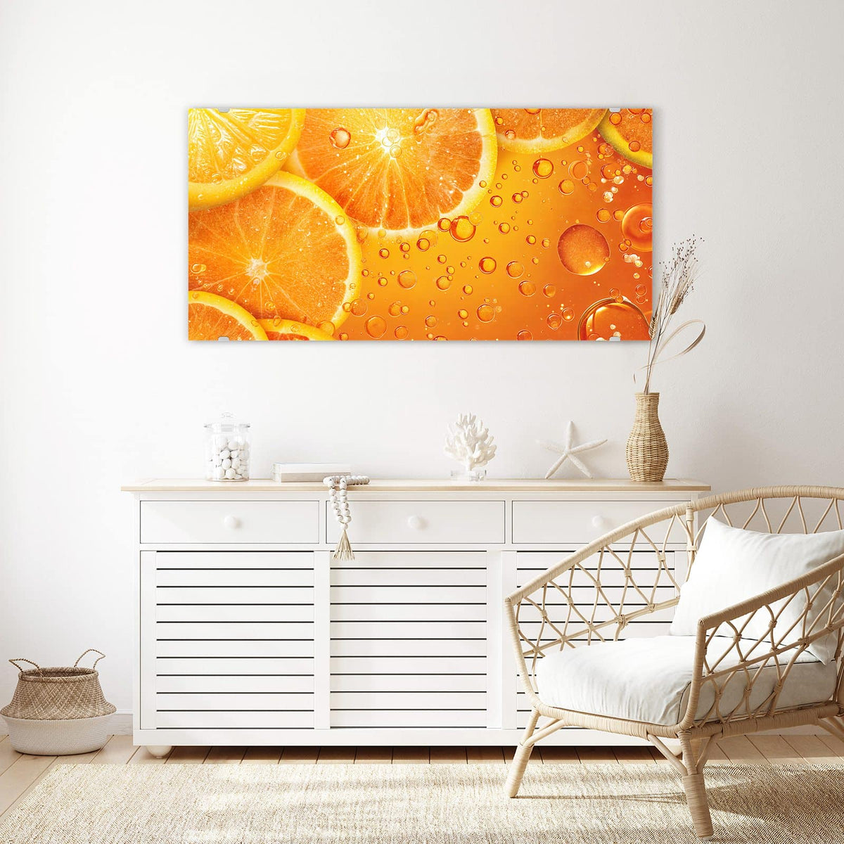 Echtglas, 4 mm – kein Acryl, keine Folie – Wandbild - Sprudelnde Orangen - Querformat