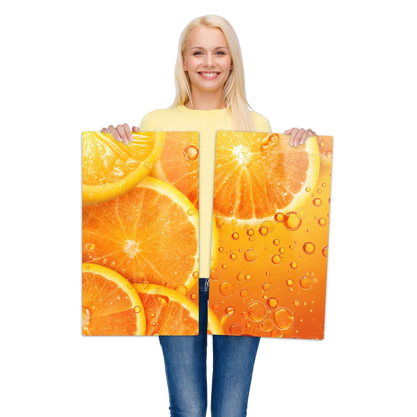 2-teilige Herdabdeckplatte mit Erfrischende Orange-Motiv wird zur Größendarstellung gehalten
