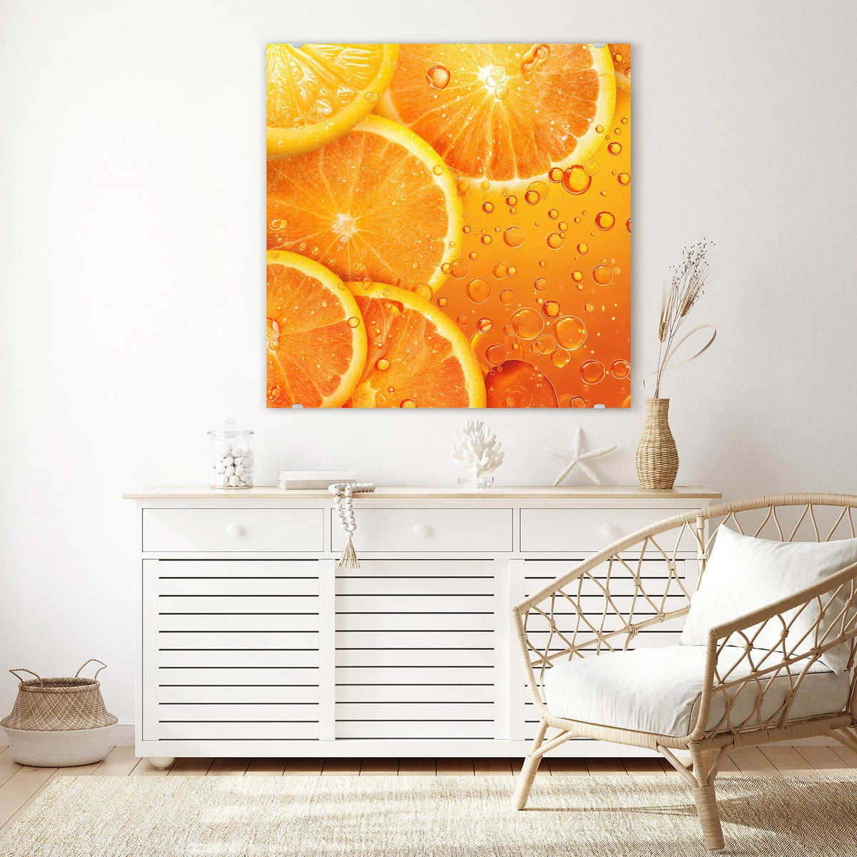 Echtglas, 4 mm – kein Acryl, keine Folie – Wandbild - Sprudelnde Orangen - Quadratisch