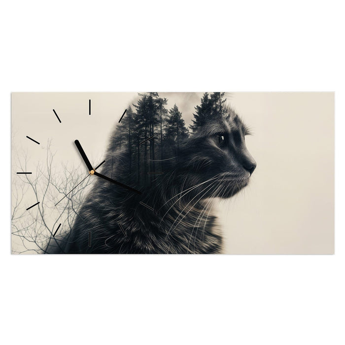 Wanduhr Waldkatze aus Glas – Querformat 60 × 30 cm mit Ziffernblatt Linie