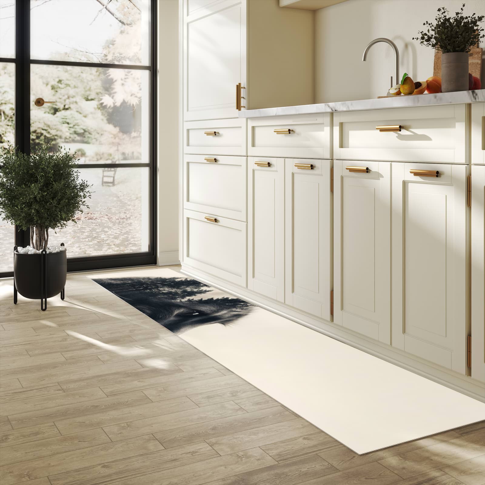 Zeitsparender Küchenläufer mit Motiv Waldkatze in heller Küche