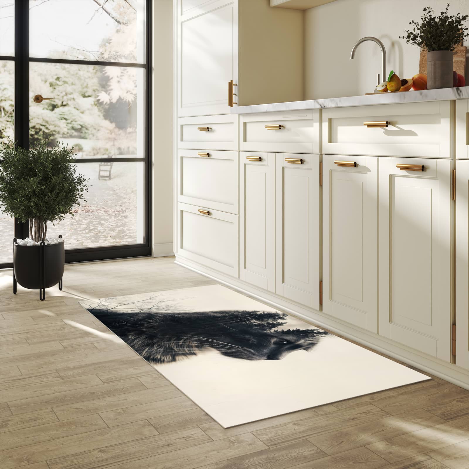 Fleckenresistenter rutschfester Küchenläufer mit Motiv Waldkatze in heller Küche