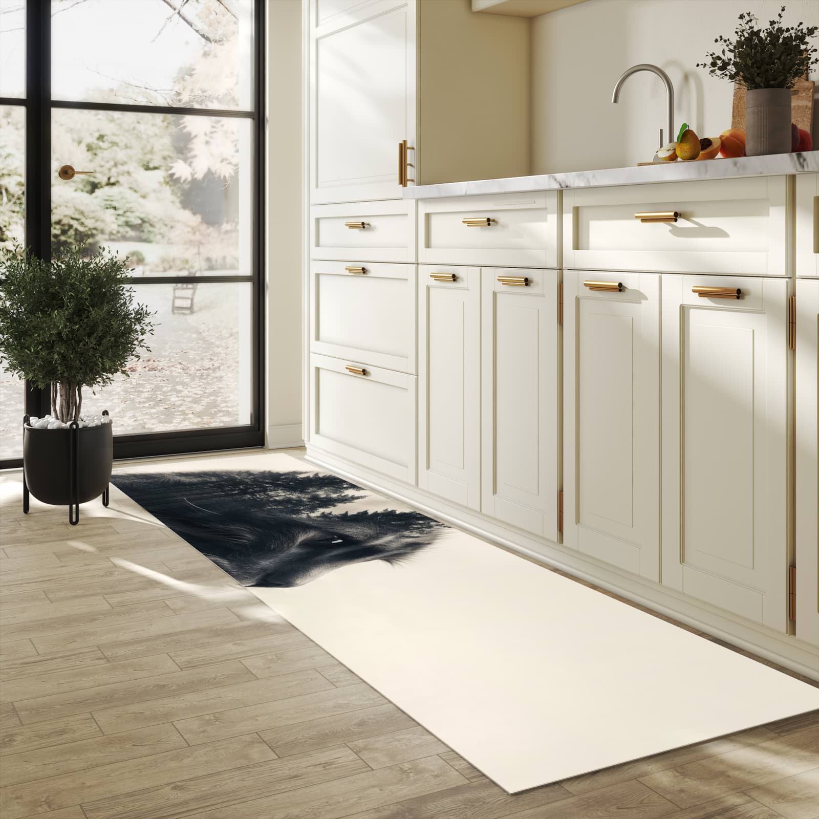 Wasserabweisender waschbarer Küchenläufer mit Motiv Waldkatze in heller Küche