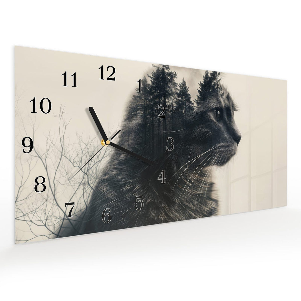 Vormontiert – mit Schwebeeffekt – Wanduhr Waldkatze aus Glas – Querformat 60 × 30 cm