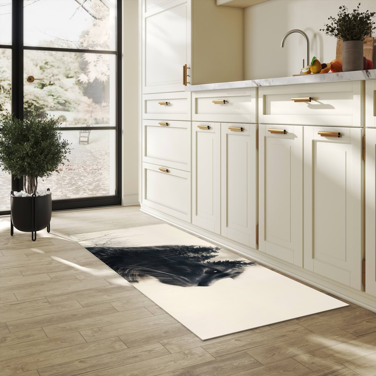 Abriebfester rutschfester Küchenläufer mit Motiv Waldkatze in heller Küche