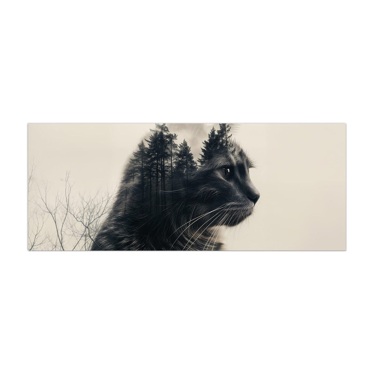 Küchenrückwand aus Glas Katzenprofil mit Wald im Hochformat, Motiv bildfüllend von vorn