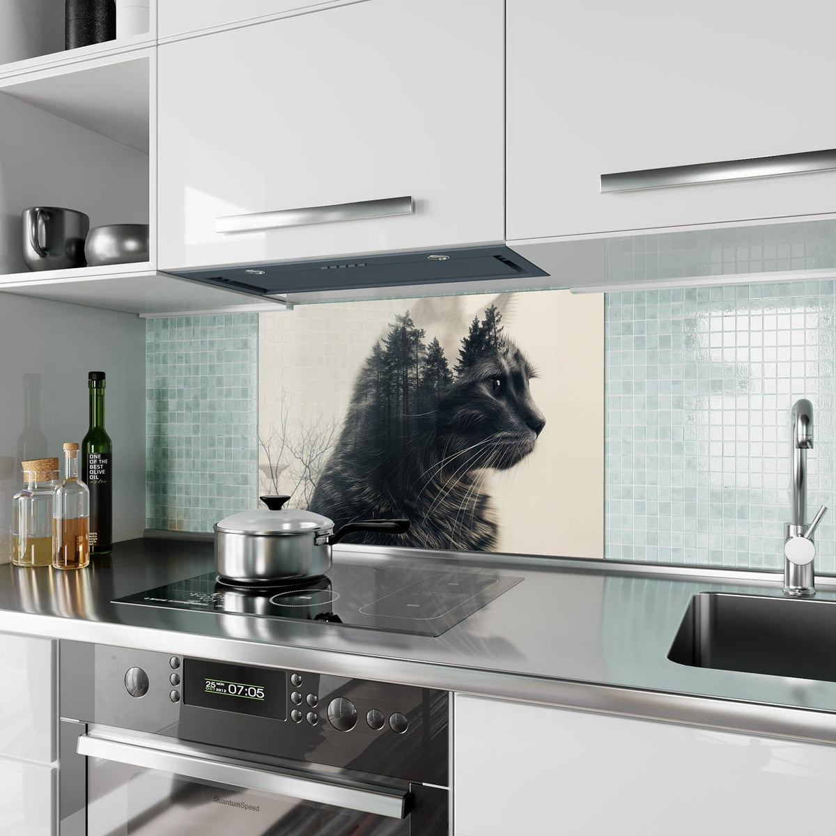 Küchenrückwand aus Glas Katzenprofil mit Wald im Hochformat als Spritzschutz hinter dem Kochfeld, über dem Fliesenspiegel montiert