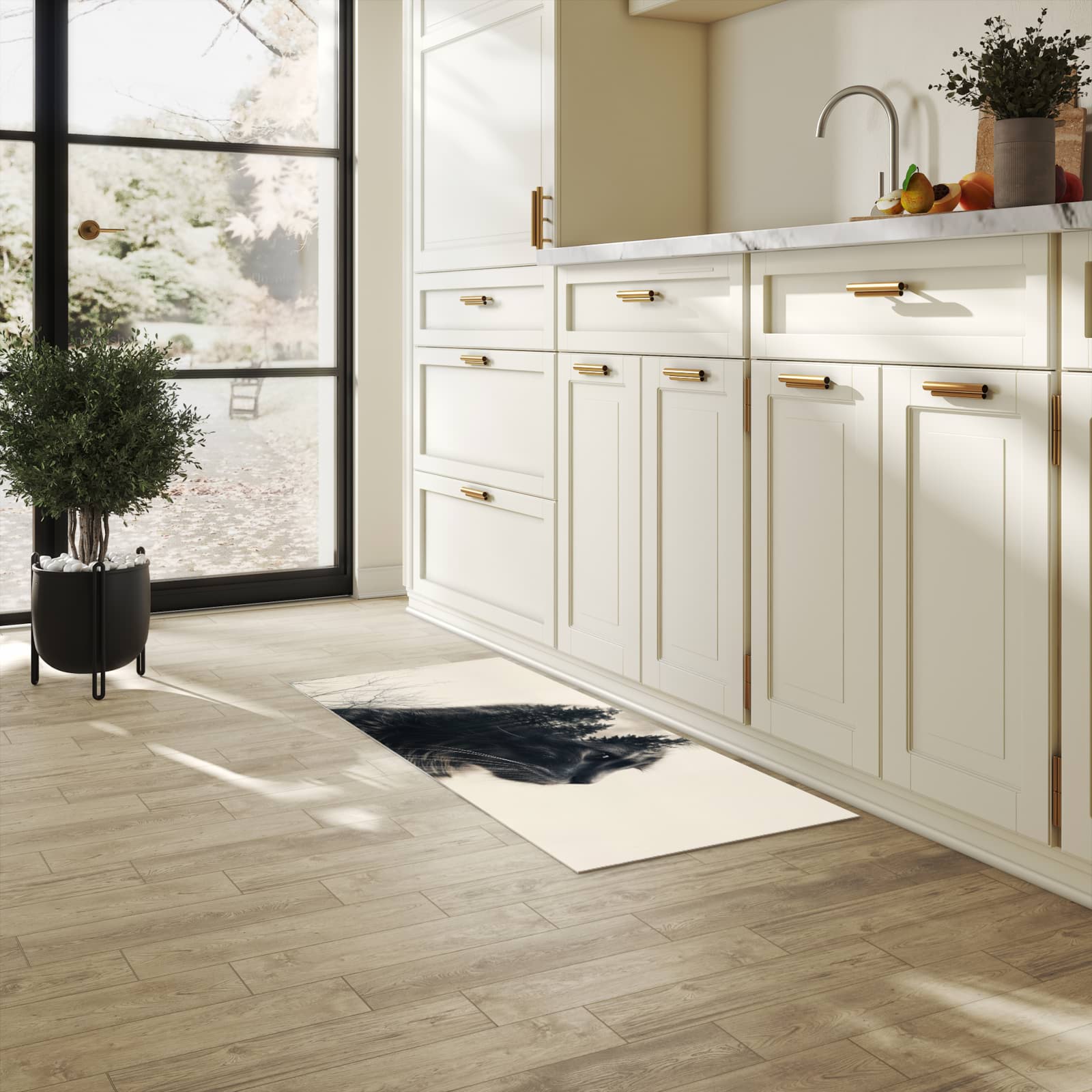 Bodenschonender großer Küchenteppich mit Motiv Waldkatze in heller Küche