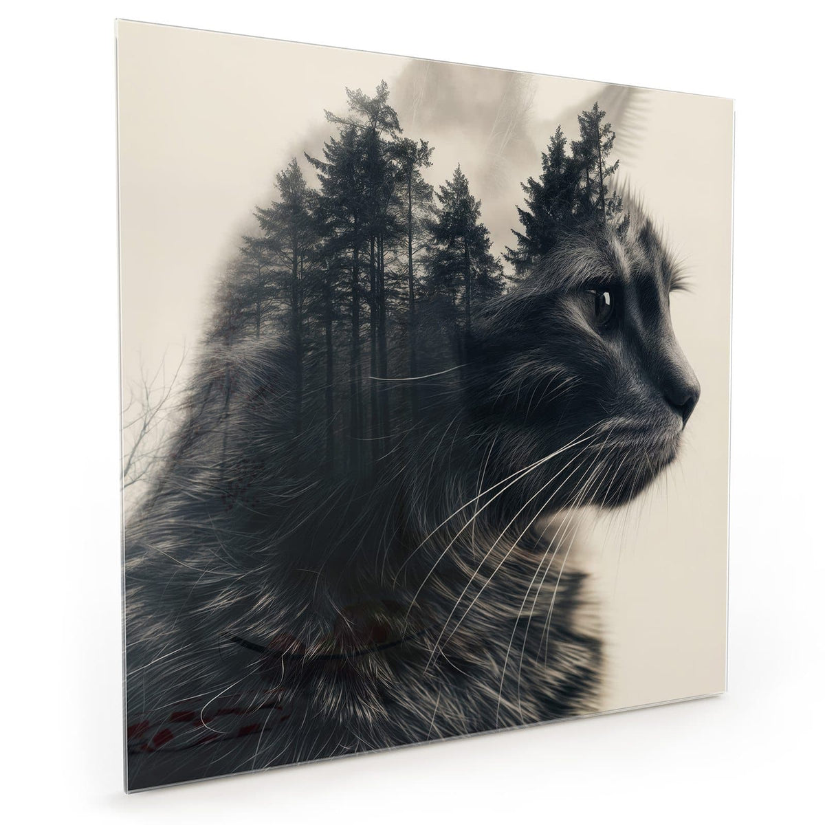 Küchenrückwand aus Glas im quadratischen Format mit Motiv Katzenprofil mit Wald: Schwarzweiße Doppelbelichtung: Katzenprofil, in dessen Fell ein Nadelwald steht