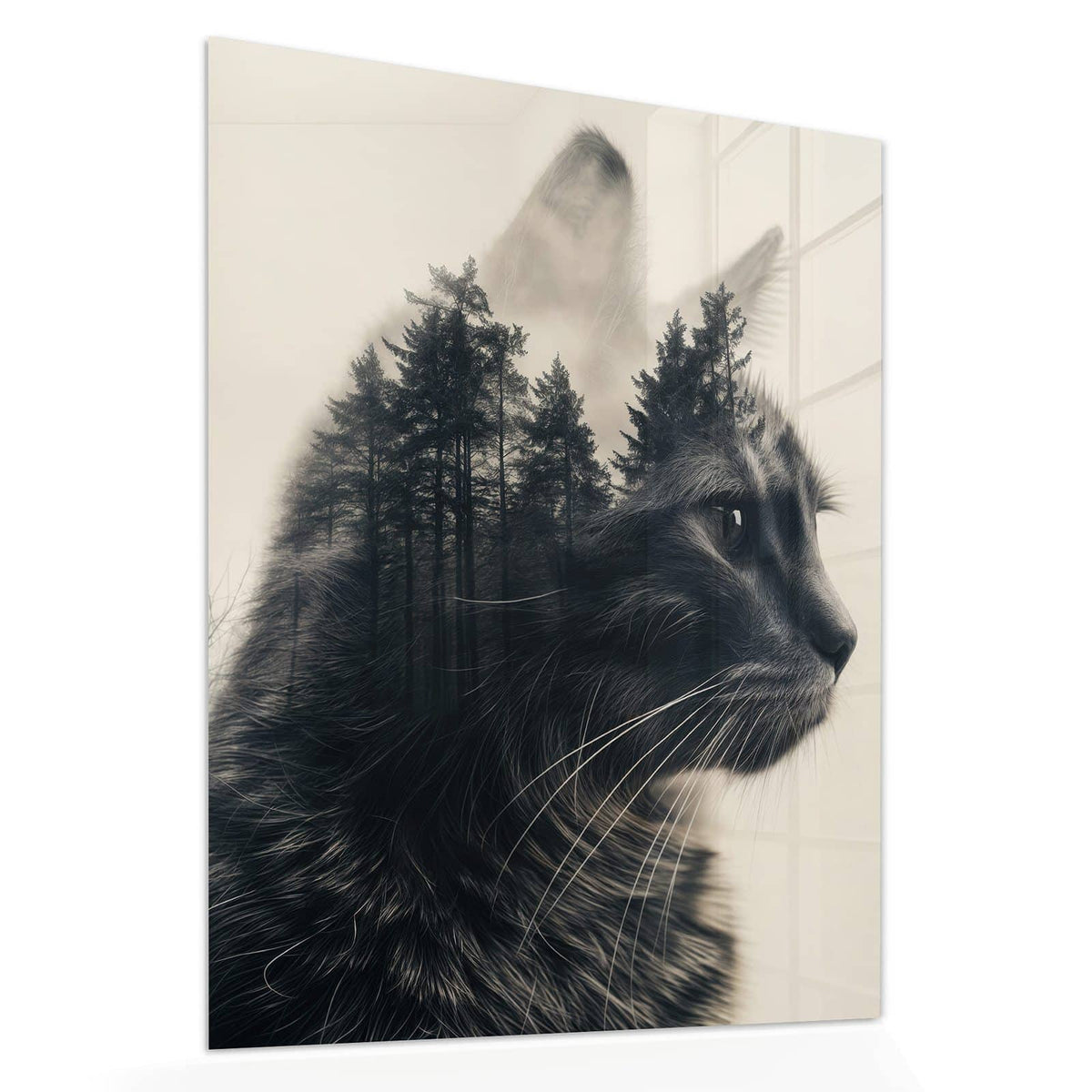 Echtglas, 4 mm – kein Acryl, keine Folie – Wandbild - Katzenprofil mit Wald - Hochformat