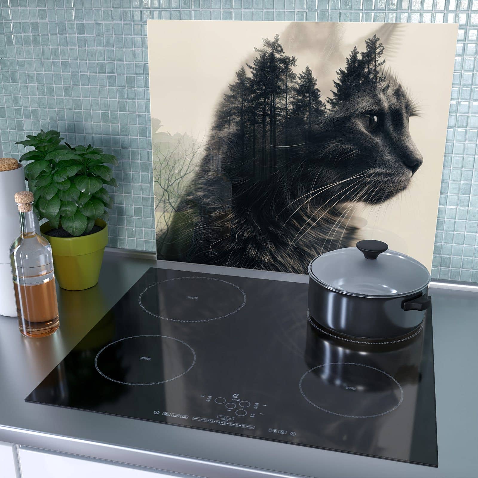 1-teilige Herdabdeckplatte mit Waldkatze-Motiv als Spritzschutz hinter dem Kochfeld
