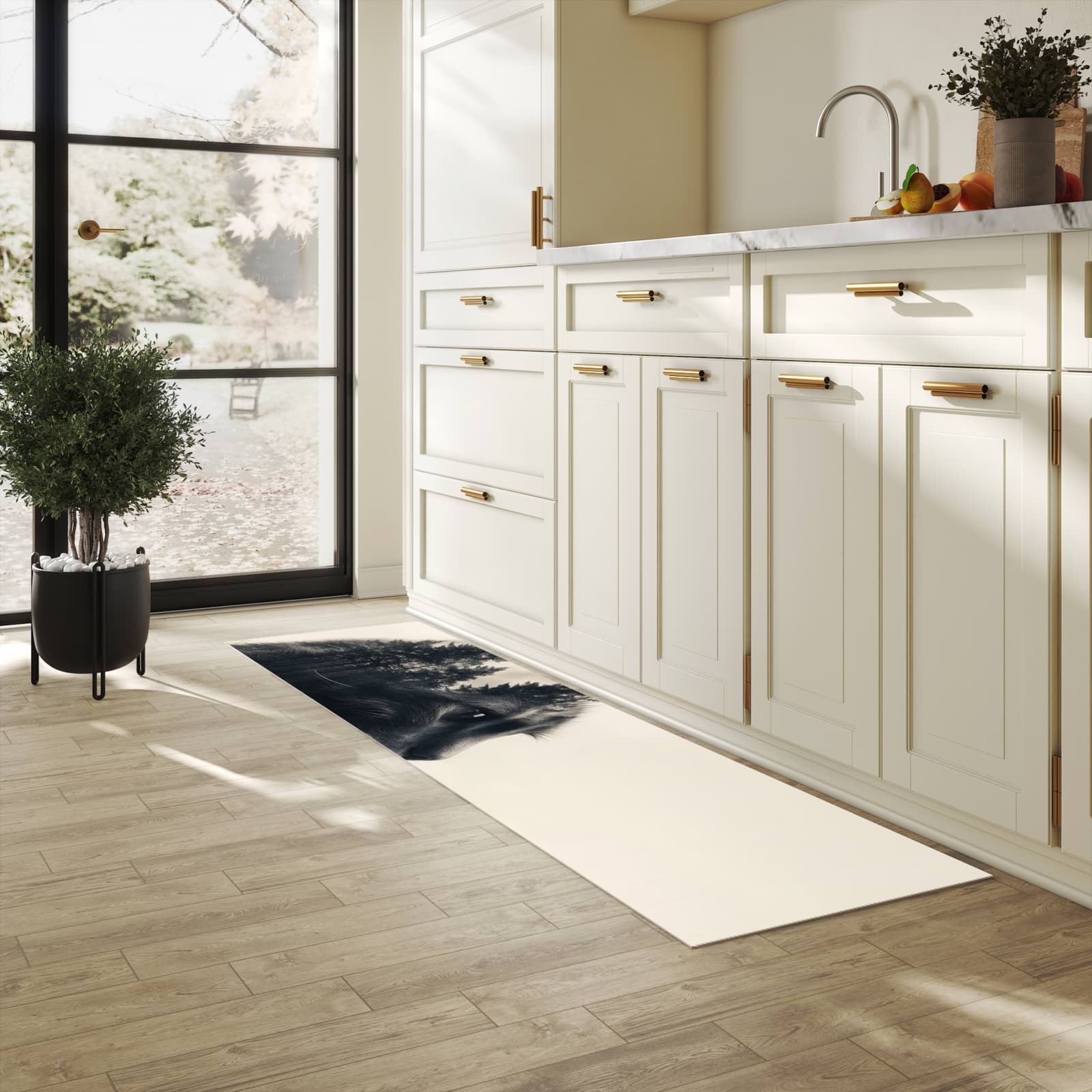 Formstabiler waschbarer Küchenteppich mit Motiv Waldkatze in heller Küche