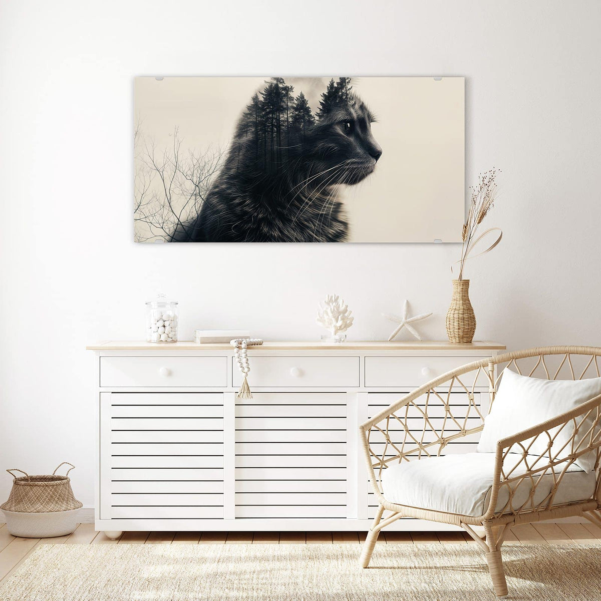 Echtglas, 4 mm – kein Acryl, keine Folie – Wandbild - Katzenprofil mit Wald - Querformat