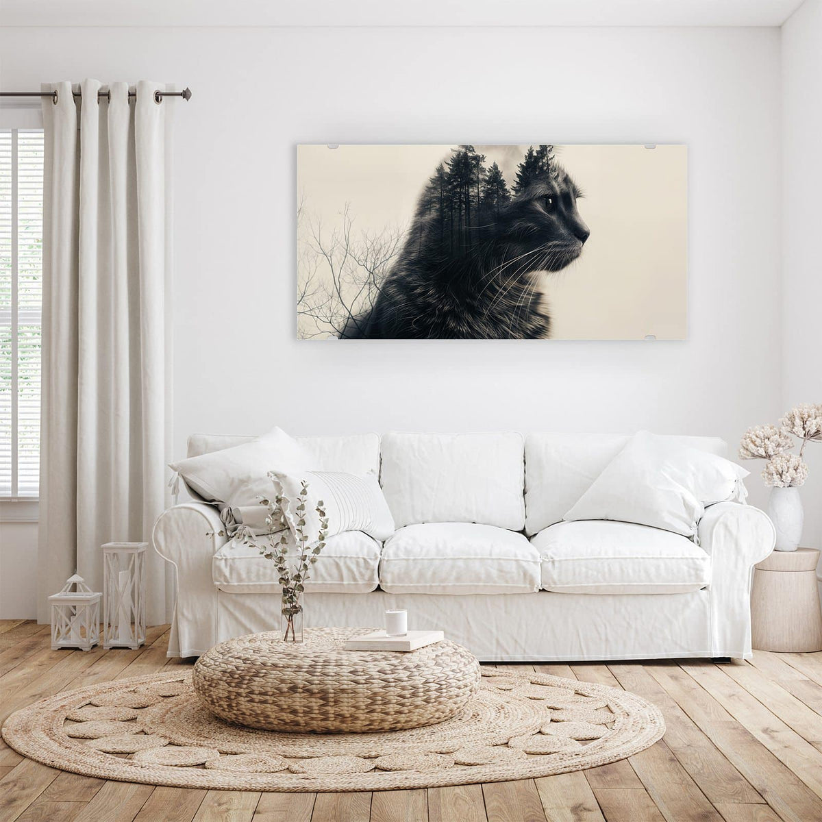 Wandbild - Katzenprofil mit Wald - Querformat – Katzenprofil mit Wald verschmolzen