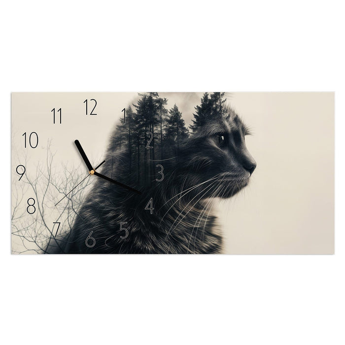Wanduhr Waldkatze aus Glas – Querformat 60 × 30 cm mit Ziffernblatt Elegant