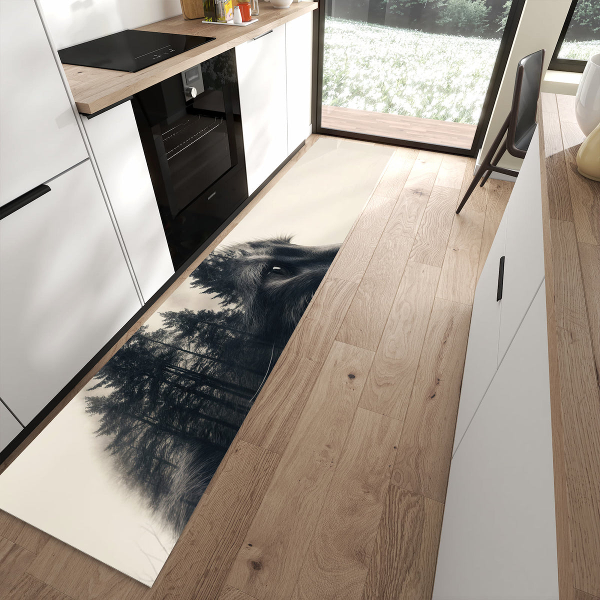 13 Größen – von 60 × 90 bis 80 × 300 cm – Küchenläufer - Katzenprofil mit Wald