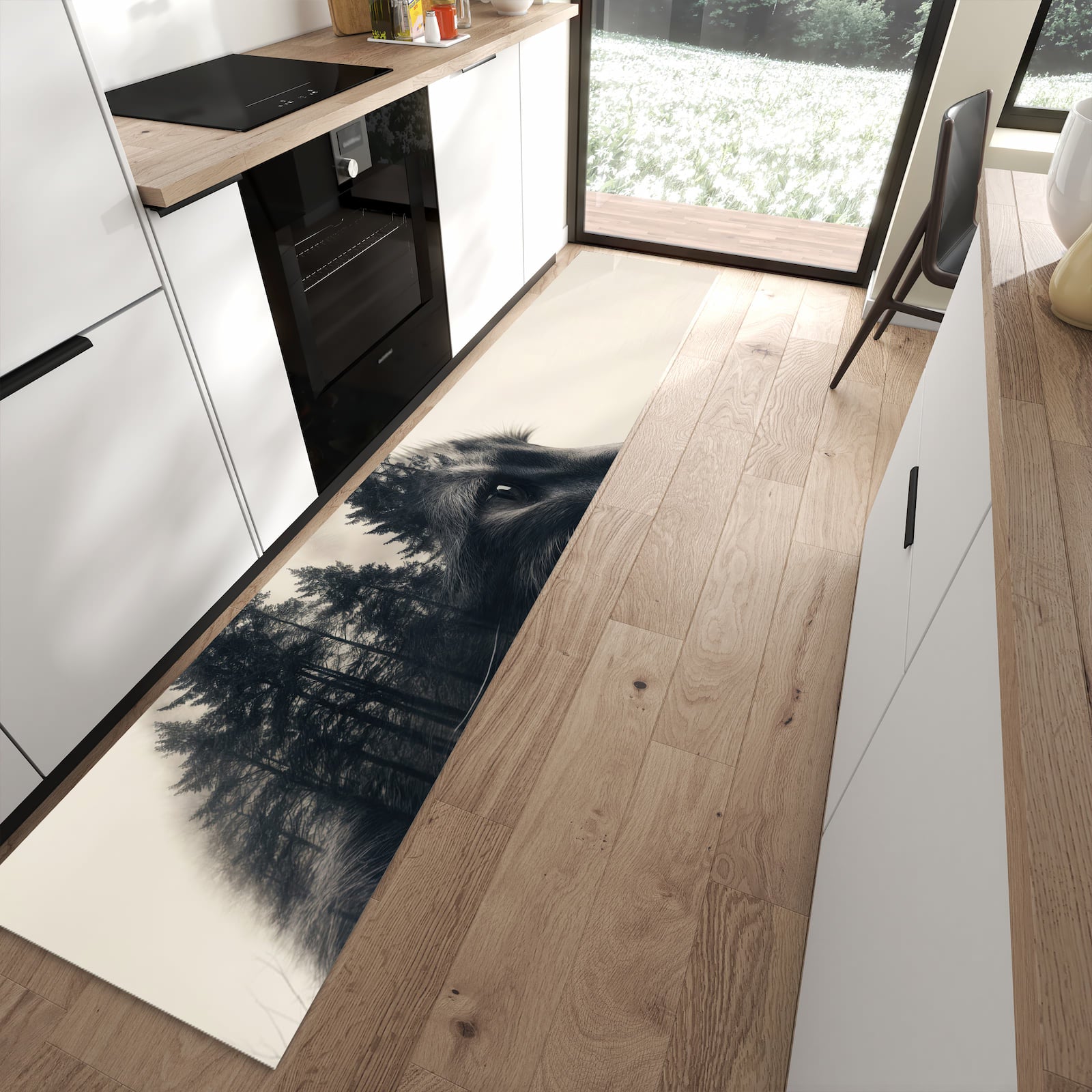 Rutschfester Küchenteppich mit Motiv Waldkatze in moderner Küche