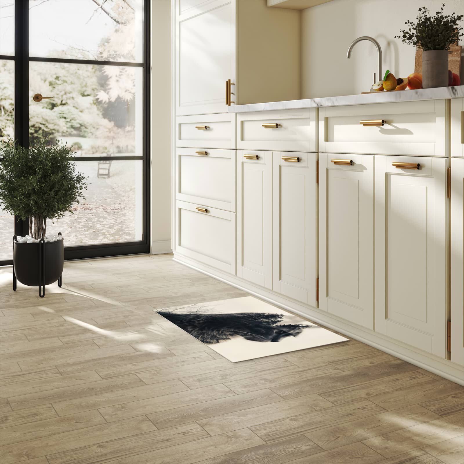 Geräuschdämpfender waschbarer Küchenläufer mit Motiv Waldkatze in heller Küche