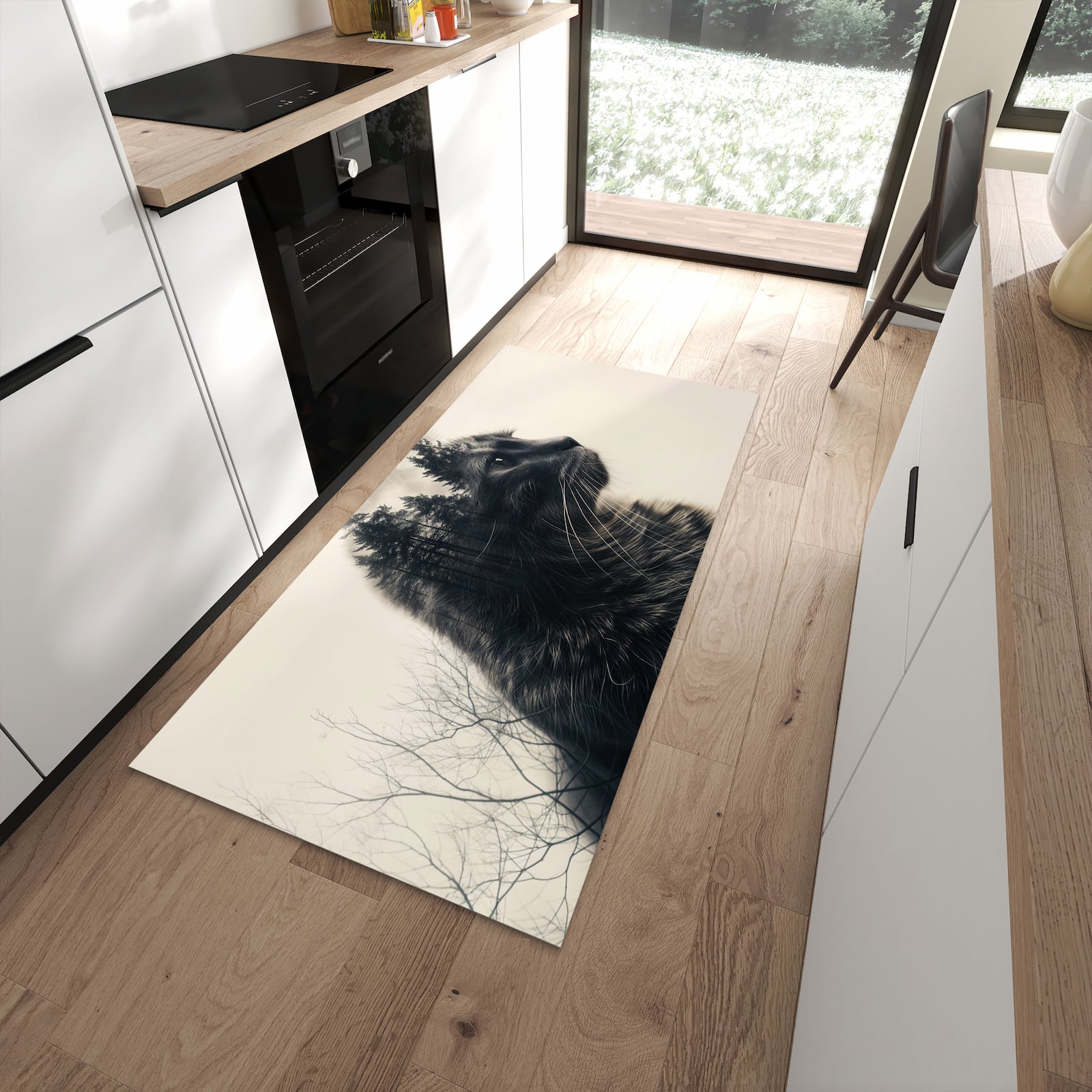 Langlebiger rutschfester Küchenläufer mit Motiv Waldkatze in moderner Küche