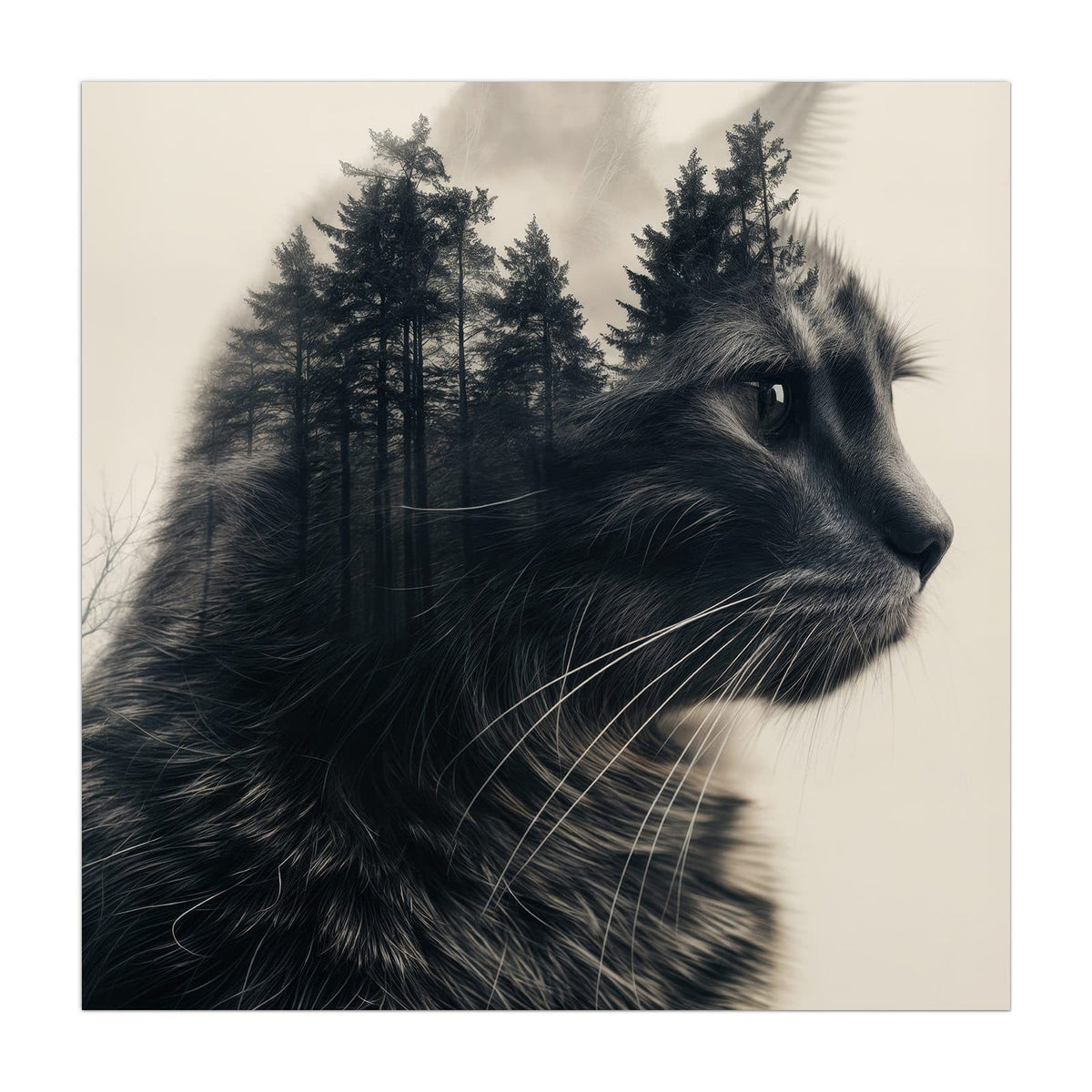 Küchenrückwand aus Glas Katzenprofil mit Wald im quadratischen Format, Motiv bildfüllend von vorn