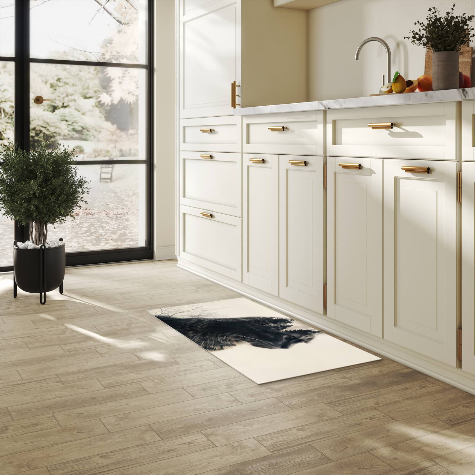 Waschbarer Küchenteppich mit Motiv Waldkatze für Ordnung in heller Küche