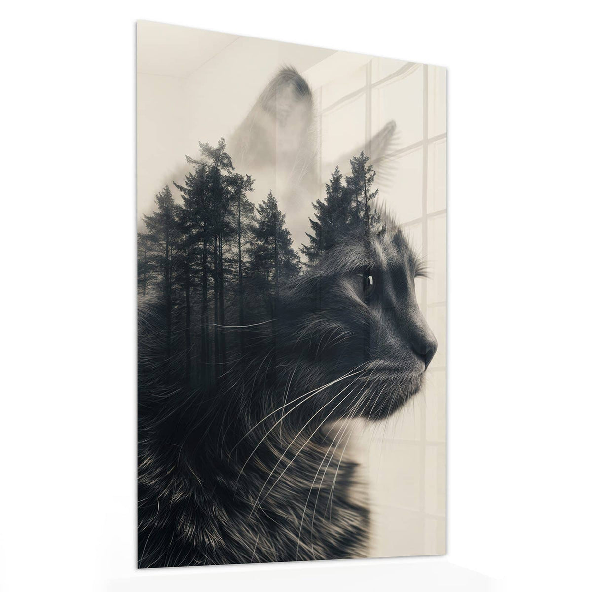 11 Größen – von 30 × 60 bis 60 × 150 cm – Wandbild - Katzenprofil mit Wald - Hochformat