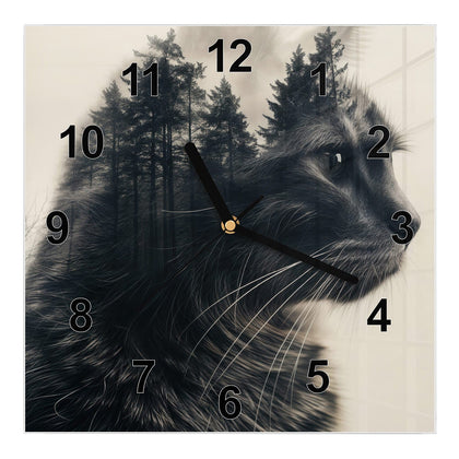 Wanduhr Quadratisch mit dem Motiv Katzenprofil mit Wald