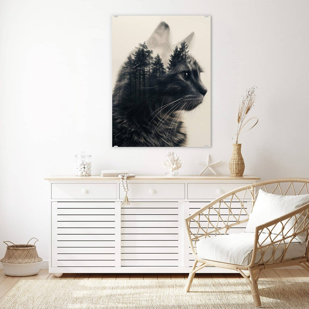 Aufhängung liegt bei – Motiv später wechselbar – Wandbild - Katzenprofil mit Wald - Hochformat