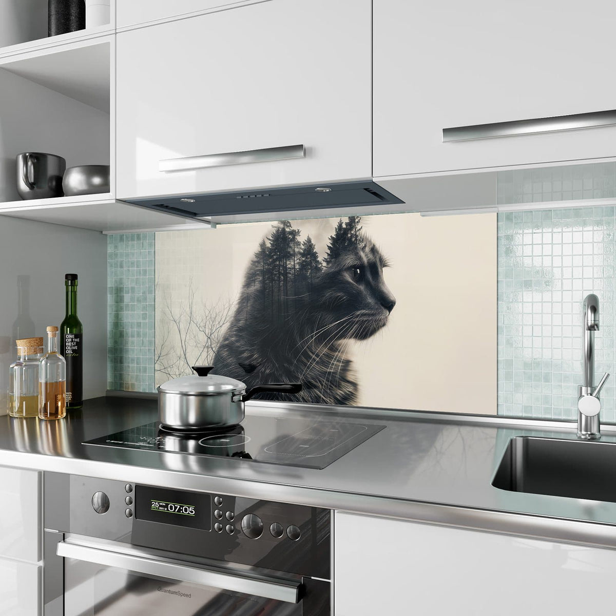 Küchenrückwand aus Glas Katzenprofil mit Wald im Hochformat als Spritzschutz hinter dem Kochfeld, über dem Fliesenspiegel montiert