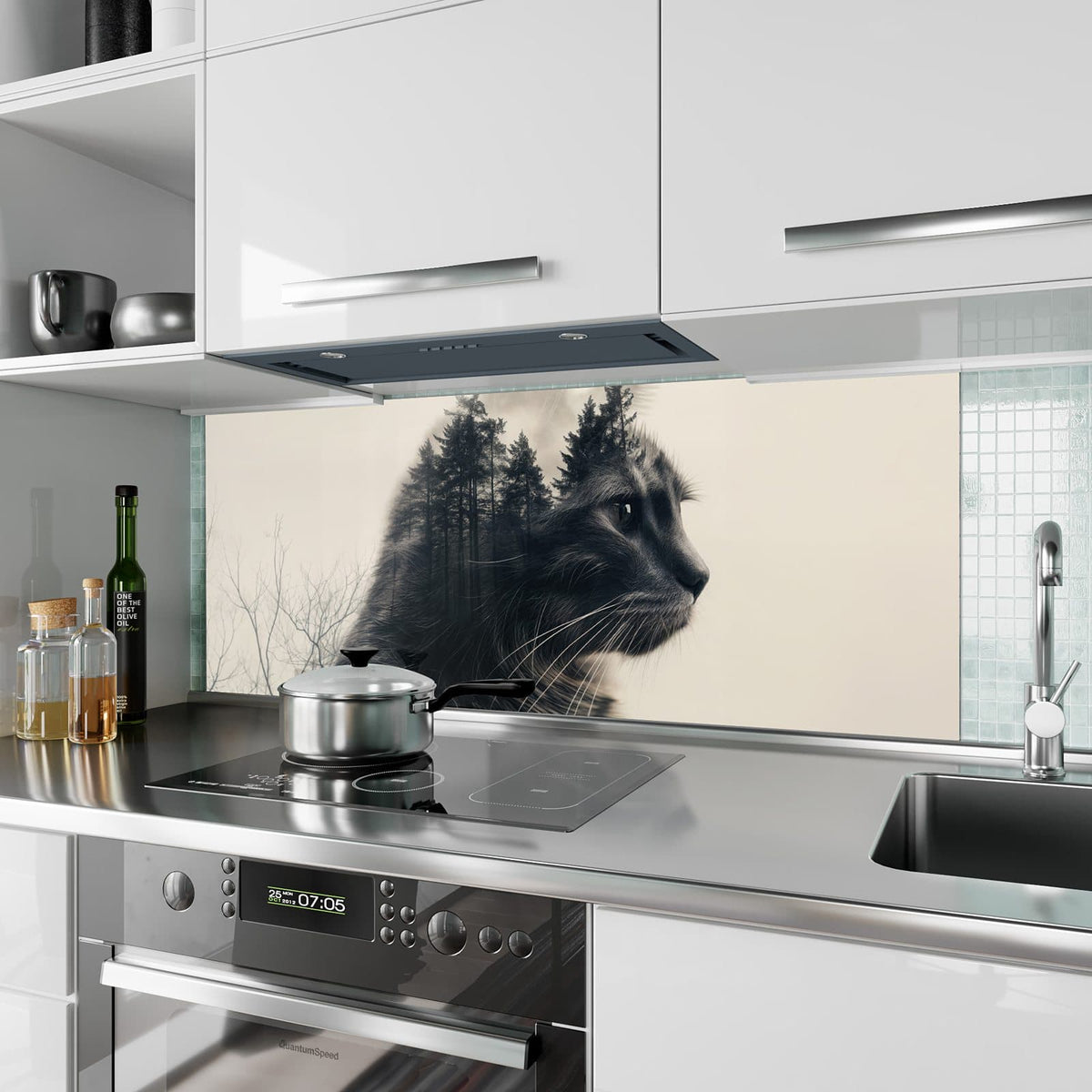 Küchenrückwand aus Glas Katzenprofil mit Wald im Hochformat als Spritzschutz hinter dem Kochfeld, über dem Fliesenspiegel montiert