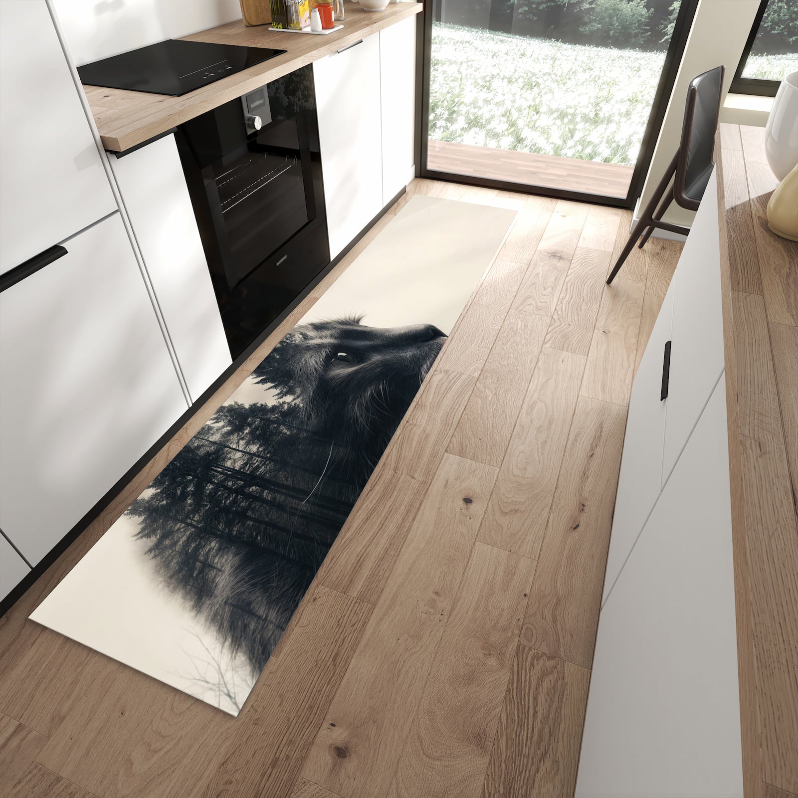 Komfortabler großer Küchenteppich mit Motiv Waldkatze in moderner Küche