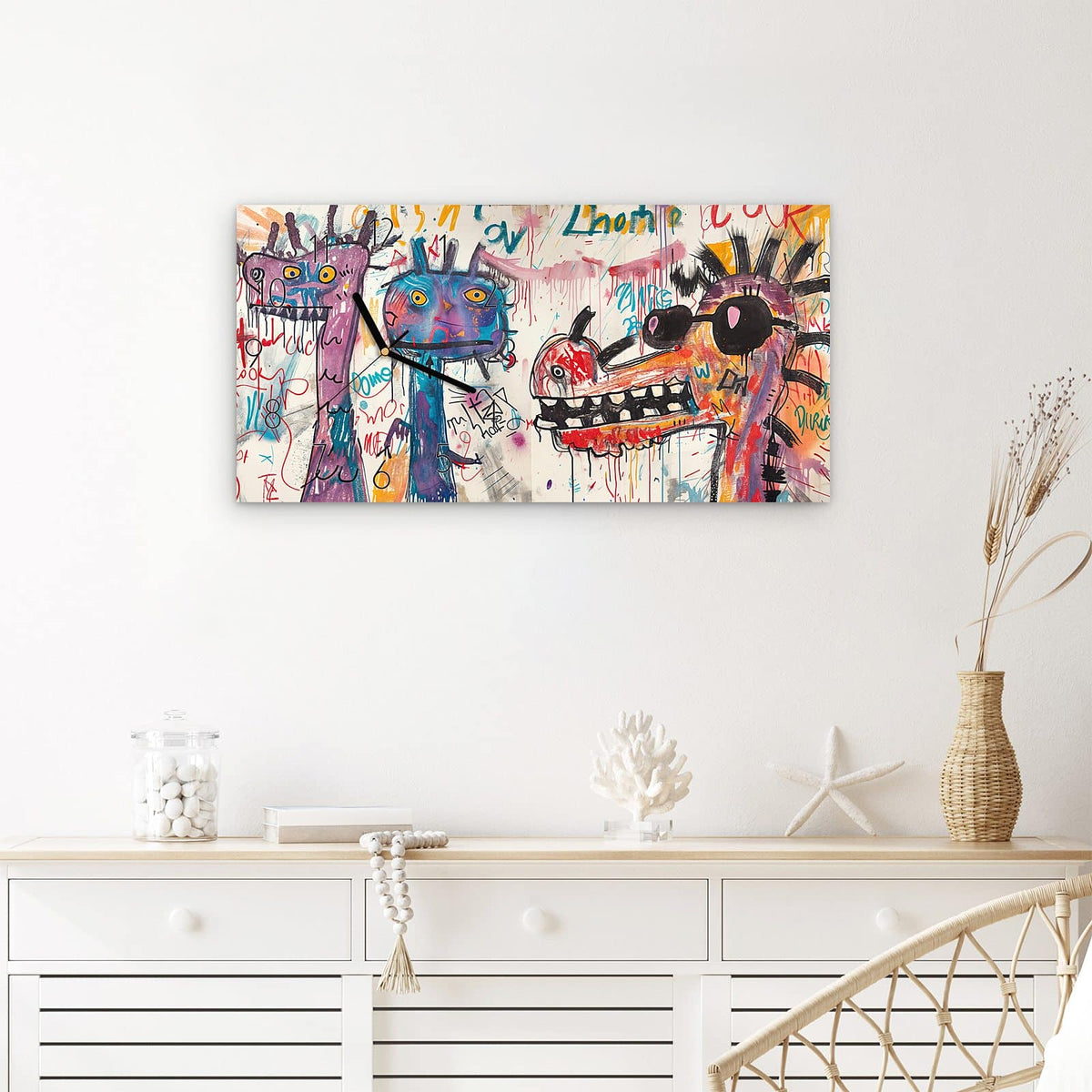 Wanduhr Kreatives Graffiti aus Glas – Querformat 60 × 30 cm – Graffiti-Figuren mit großen Augen
