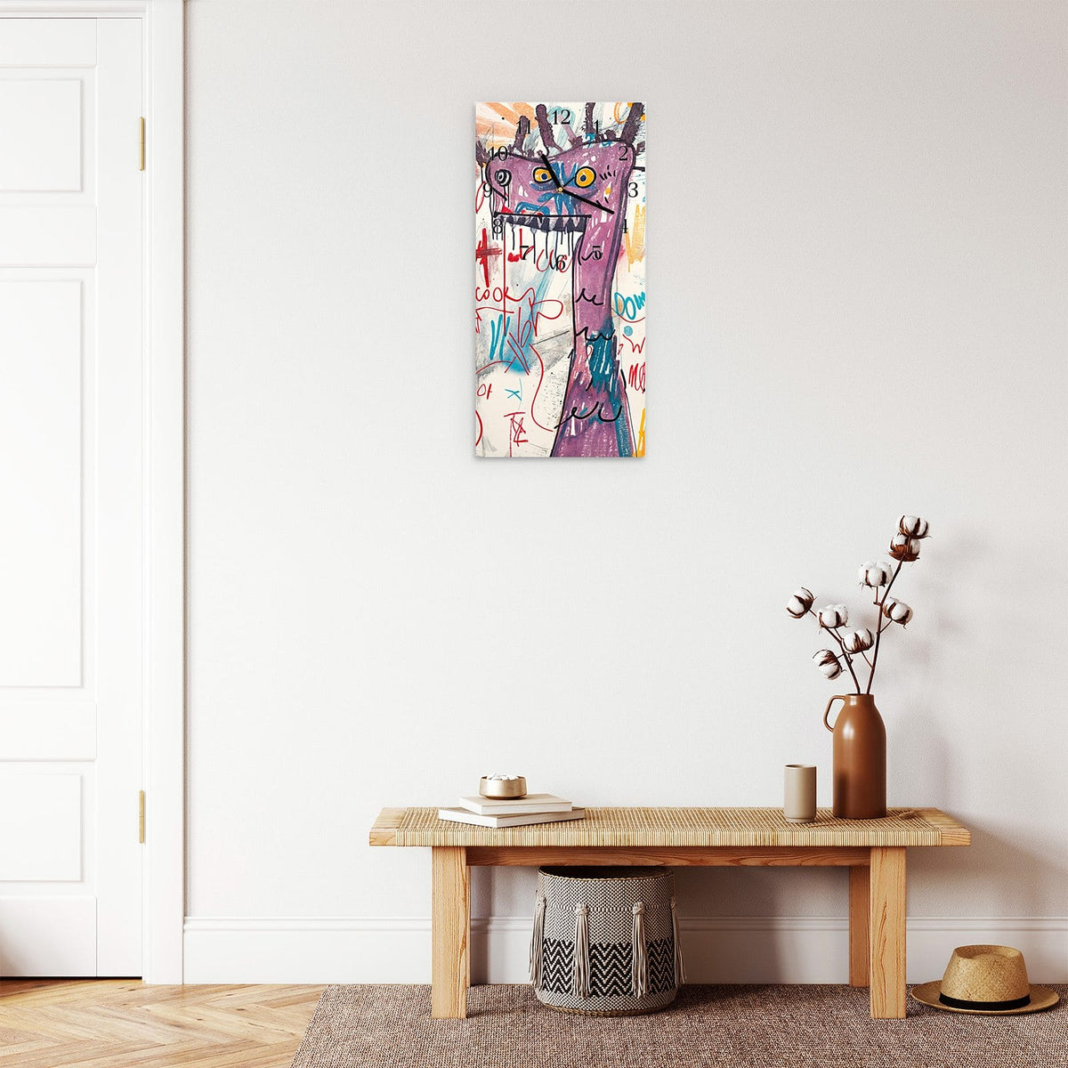 Moderne Wanduhr aus Glas mit Farbtiefe – Wanduhr Kreatives Graffiti aus Glas – Hochformat 30 × 60 cm