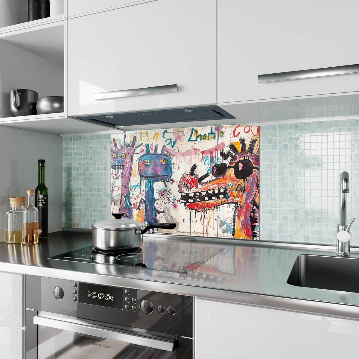 Küchenrückwand aus Glas Graffiti-Monster im Hochformat als Spritzschutz hinter dem Kochfeld, über dem Fliesenspiegel montiert