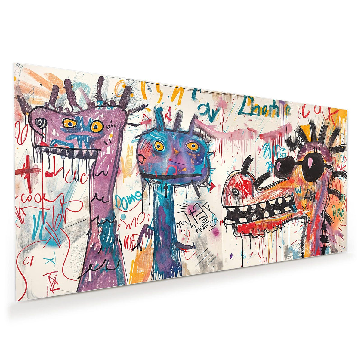 Graffitiartig gemaltes Fabeltier mit langer Schnauze, großen Zähnen und schwarzer Sonnenbrille