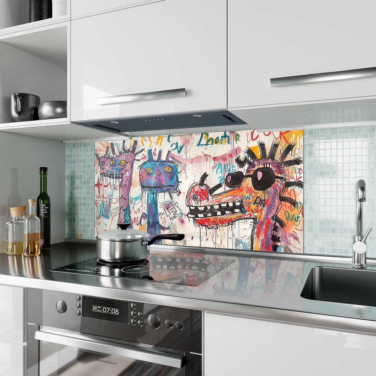 Küchenrückwand aus Glas Graffiti-Monster im Hochformat als Spritzschutz hinter dem Kochfeld, über dem Fliesenspiegel montiert