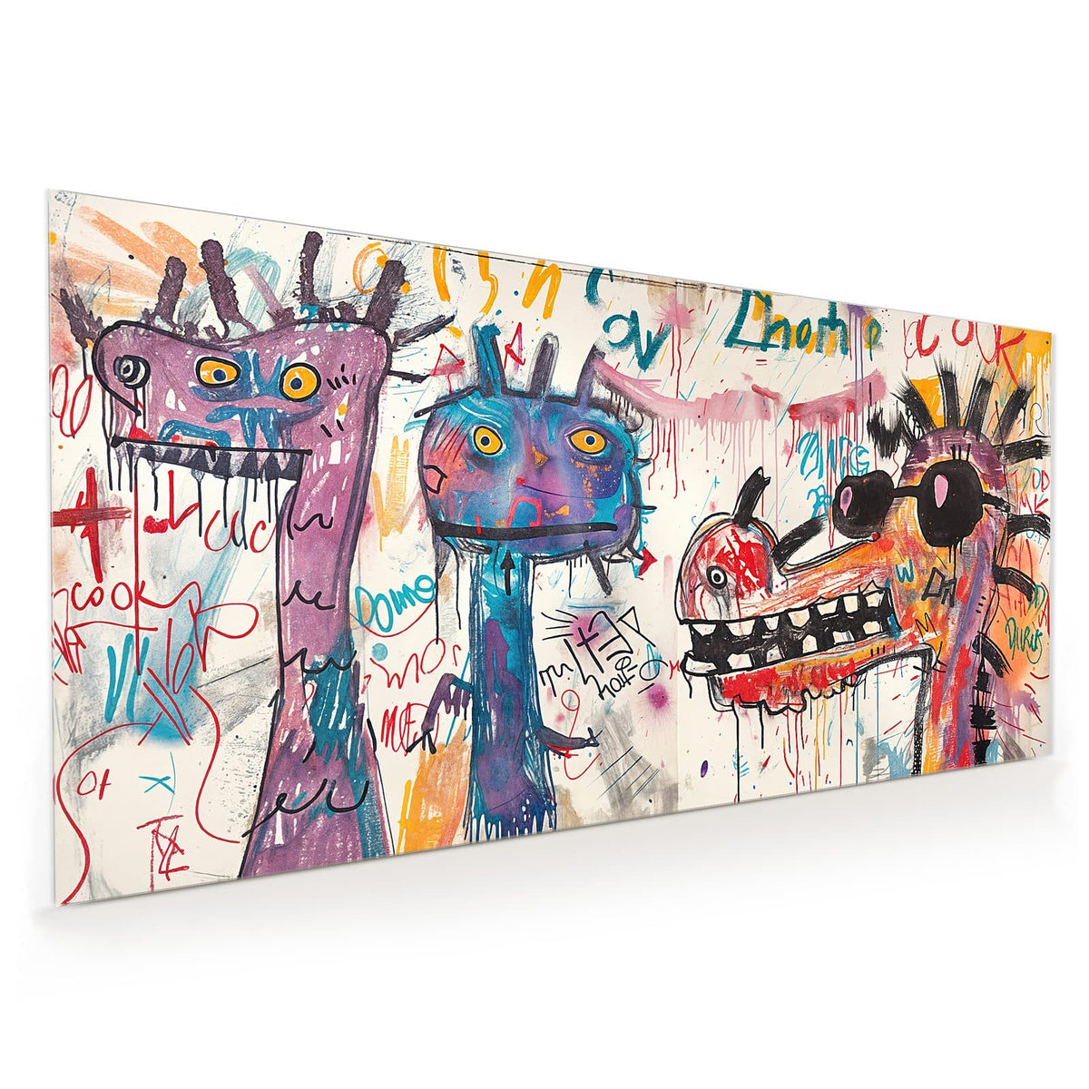 Küchenrückwand aus Glas im Hochformat mit Motiv Graffiti-Monster: Graffitiartig gemaltes Fabeltier mit langer Schnauze, großen Zähnen und schwarzer Sonnenbrille