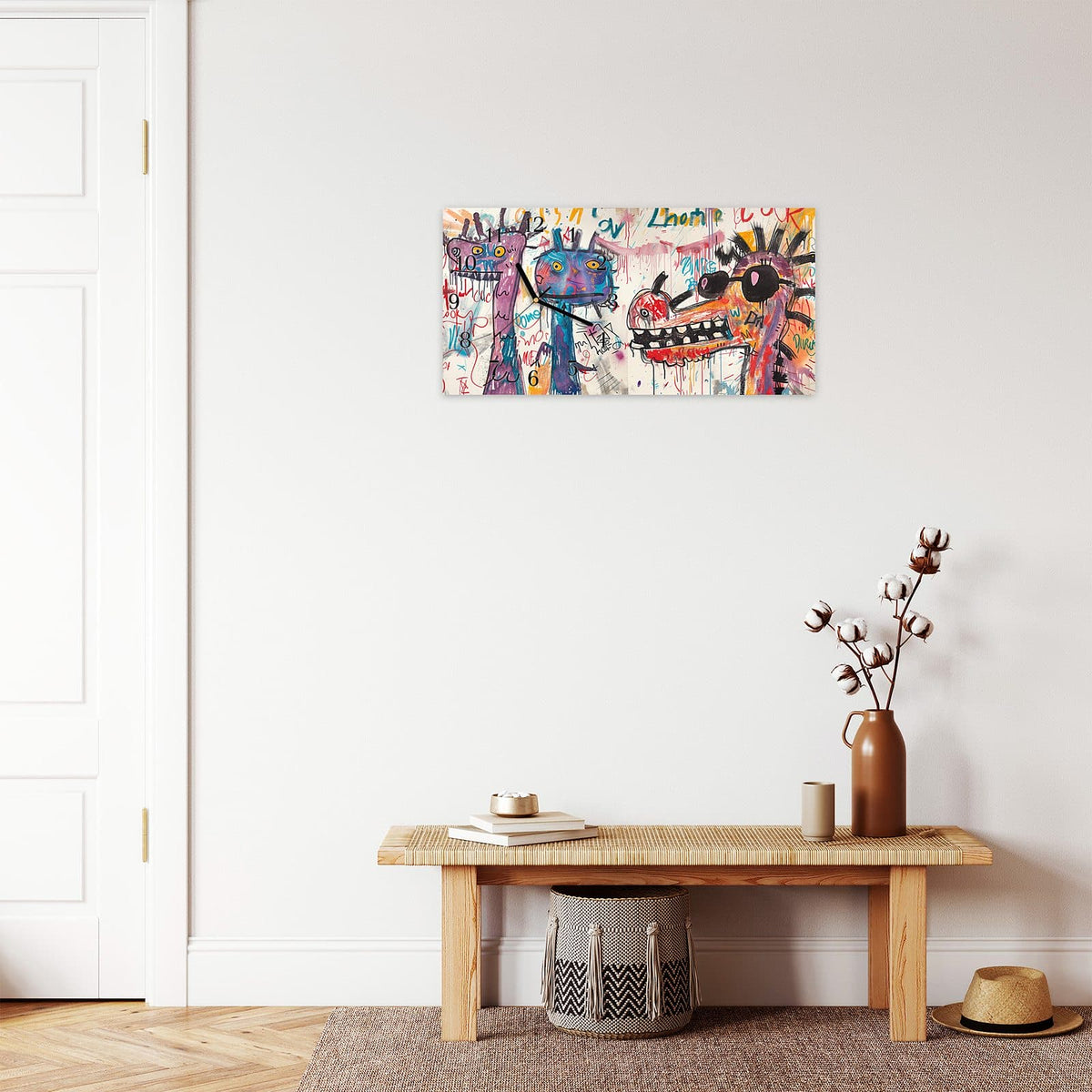 Moderne Wanduhr aus Glas mit Farbtiefe – Wanduhr Kreatives Graffiti aus Glas – Querformat 60 × 30 cm