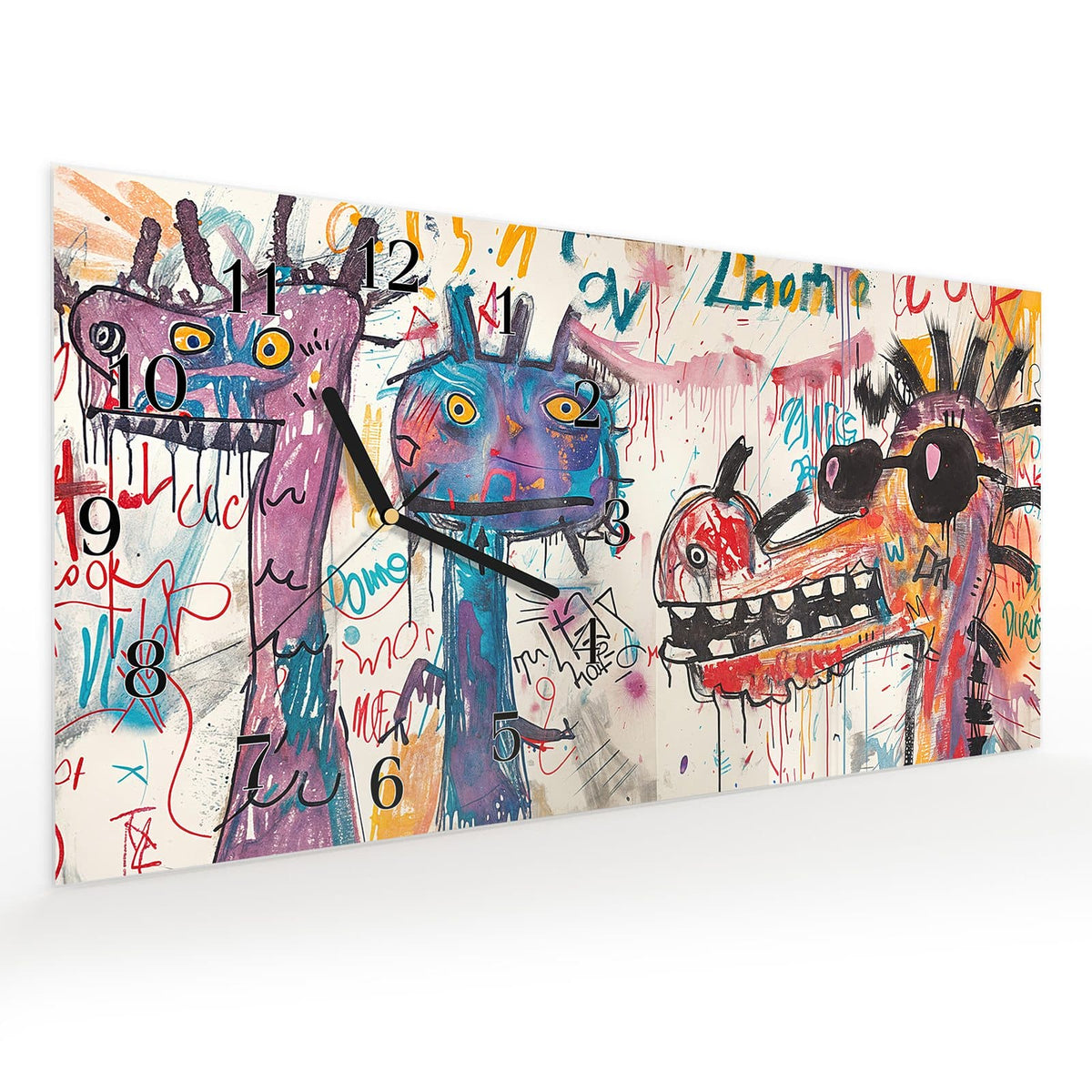 Vormontiert – mit Schwebeeffekt – Wanduhr Kreatives Graffiti aus Glas – Querformat 60 × 30 cm
