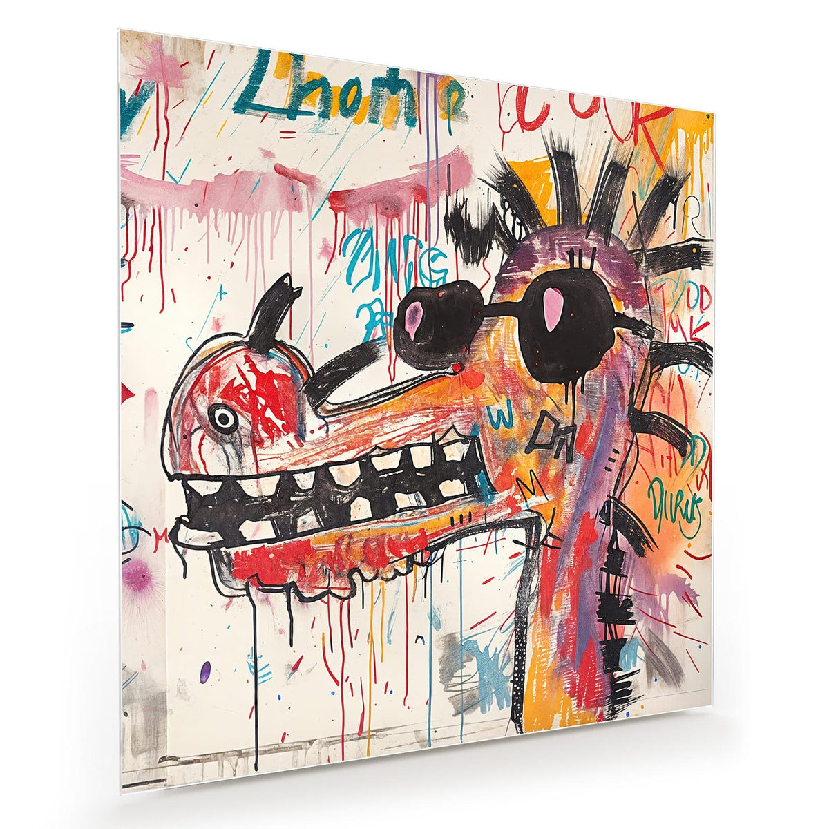Graffitiartig gemaltes Fabeltier mit langer Schnauze, großen Zähnen und schwarzer Sonnenbrille