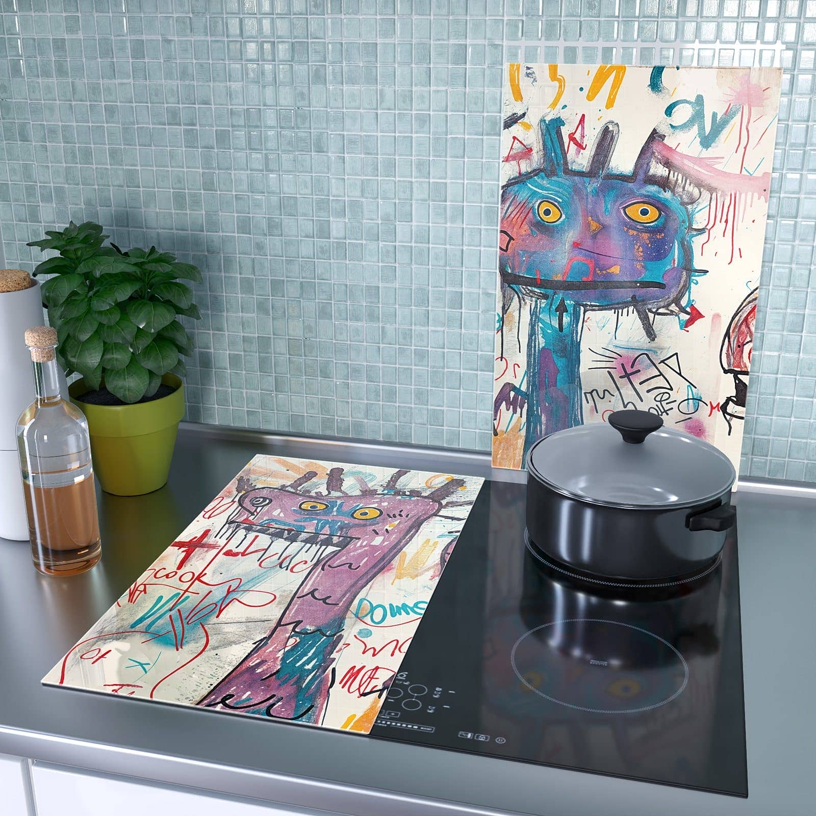 1-teilige Herdabdeckplatte aus Glas mit Kreatives Graffiti-Motiv als Spritzschutz hinter dem Kochfeld