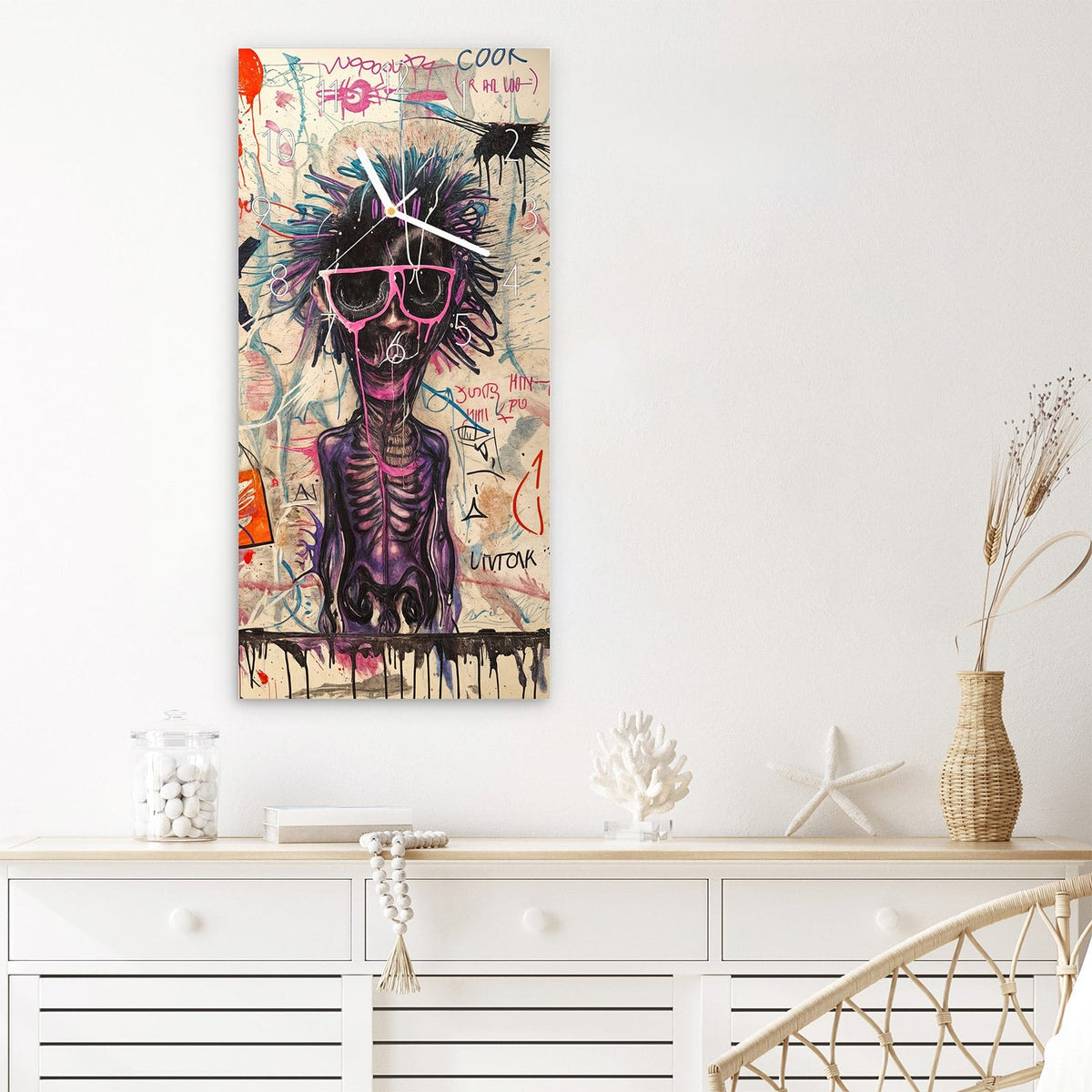 Wanduhr Graffiti Tiere aus Glas – Hochformat 30 × 60 cm – Coole Figuren mit Sonnenbrillen