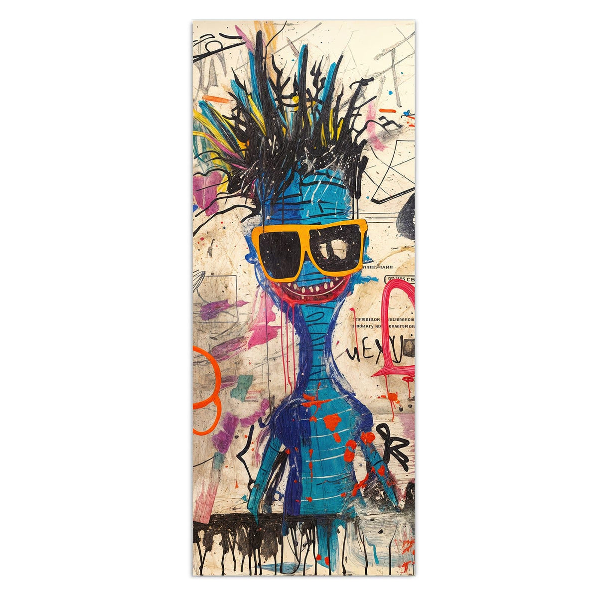 Graffitiwand mit zwei Comicfiguren mit Sonnenbrillen, eine blau, eine violett und skelettartig, Sprayschriften