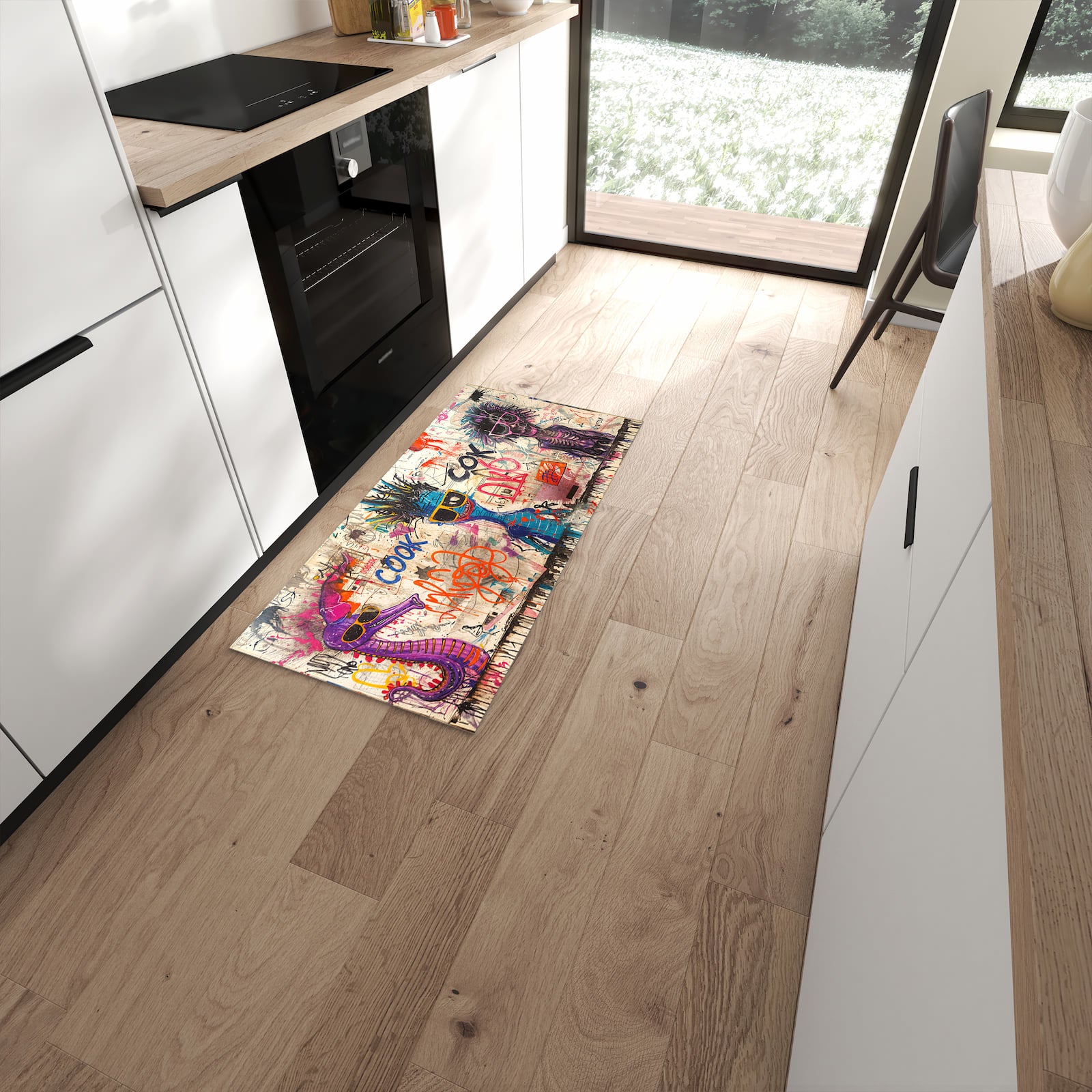 Fleckenresistenter Bodenläufer mit Motiv Graffiti Tiere in moderner Küche #grösse_60 x 120 cm