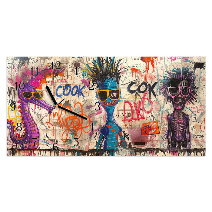 Wanduhr Graffiti Tiere aus Glas – Querformat 60 × 30 cm mit Ziffernblatt Klassisch