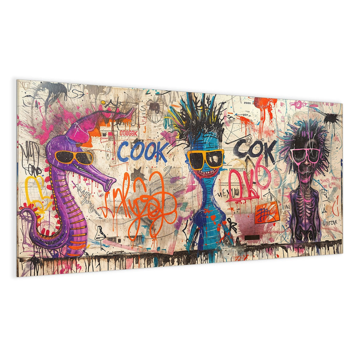 Graffitiwand mit zwei Comicfiguren mit Sonnenbrillen, eine blau, eine violett und skelettartig, Sprayschriften