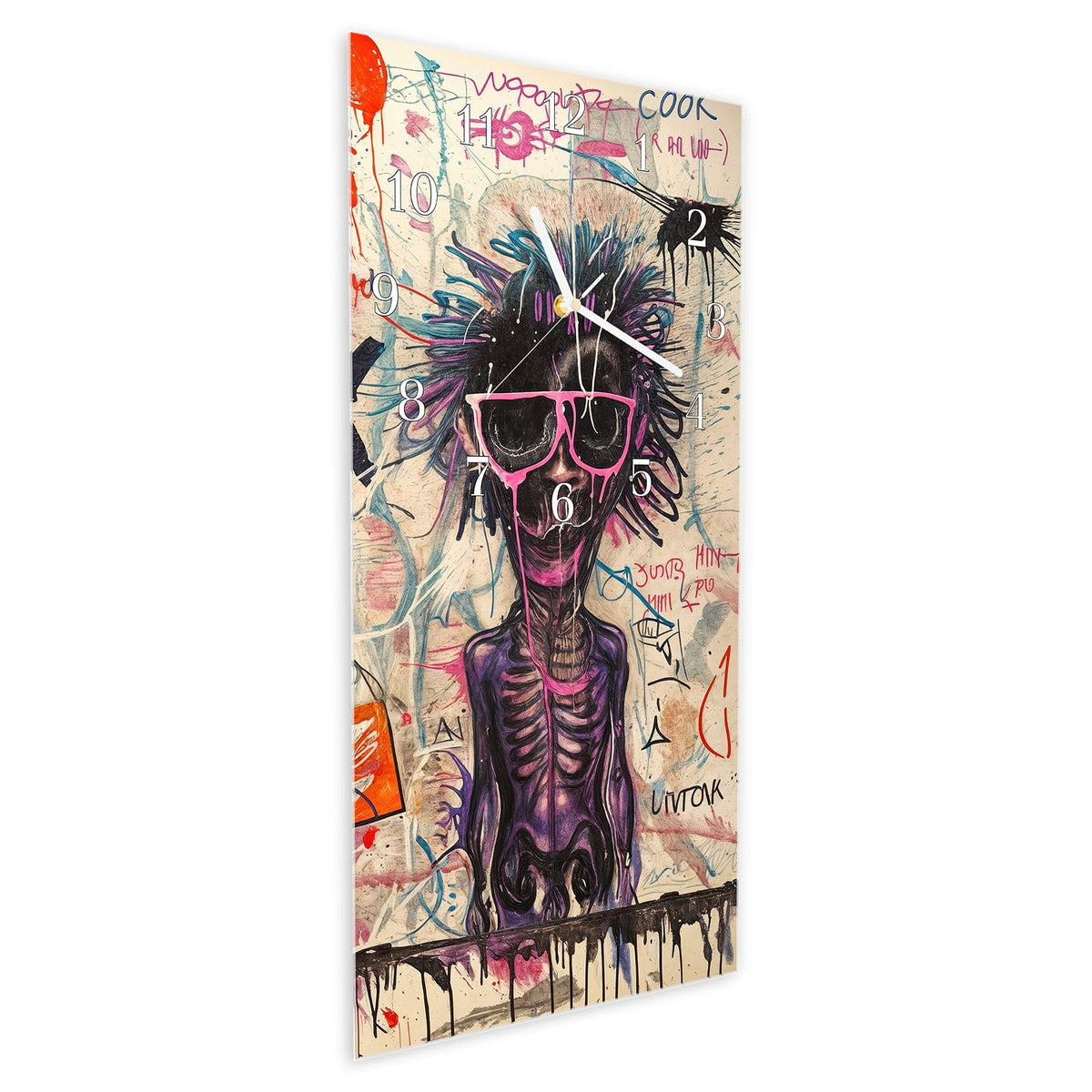 Vormontiert – mit Schwebeeffekt – Wanduhr Graffiti Tiere aus Glas – Hochformat 30 × 60 cm