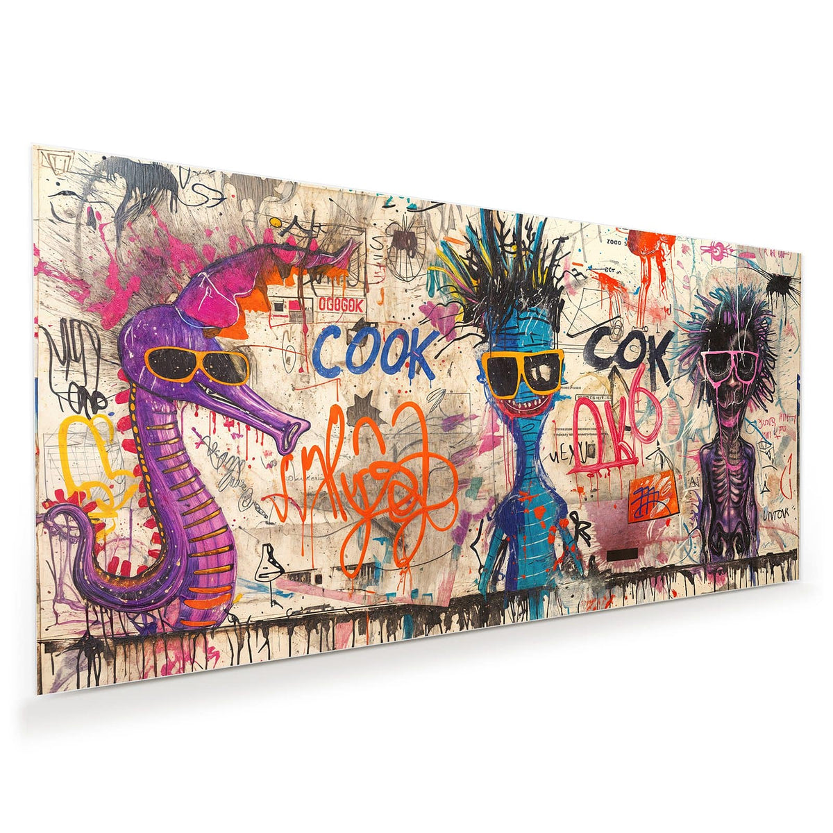 Graffitiwand mit zwei Comicfiguren mit Sonnenbrillen, eine blau, eine violett und skelettartig, Sprayschriften