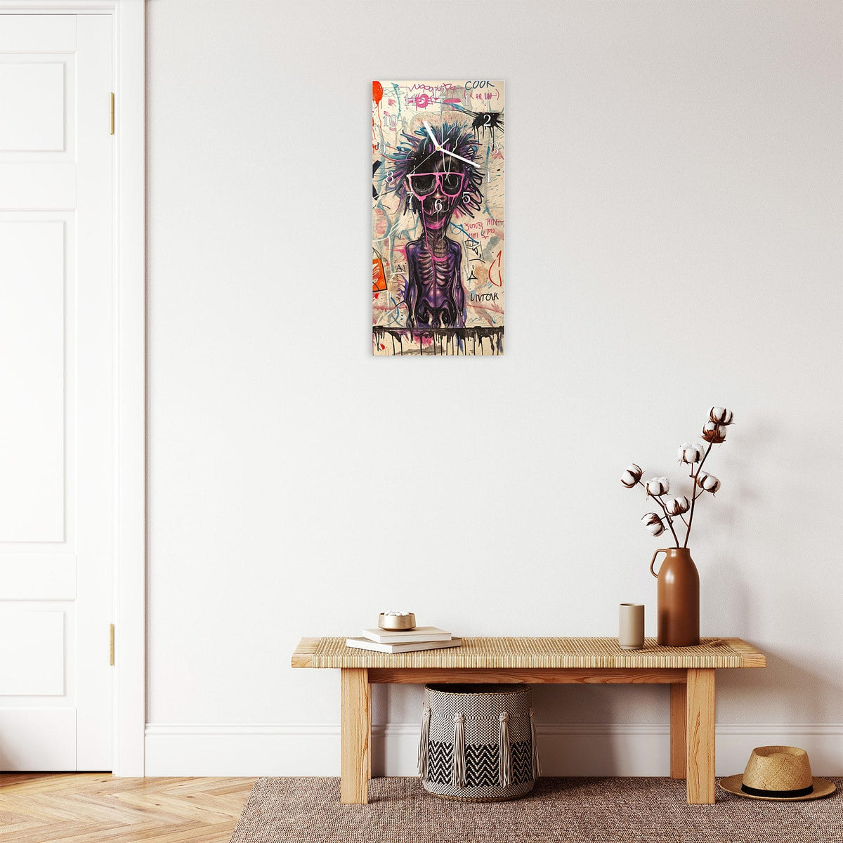 Moderne Wanduhr aus Glas mit Farbtiefe – Wanduhr Graffiti Tiere aus Glas – Hochformat 30 × 60 cm